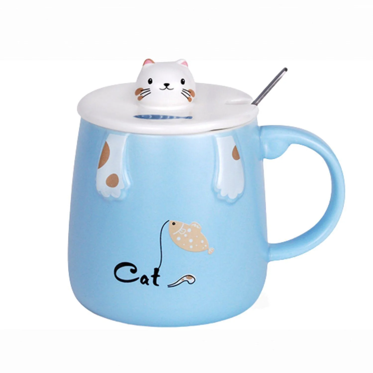 BLUE CAT MUG W/LID & SPOON BLUE 15OZ