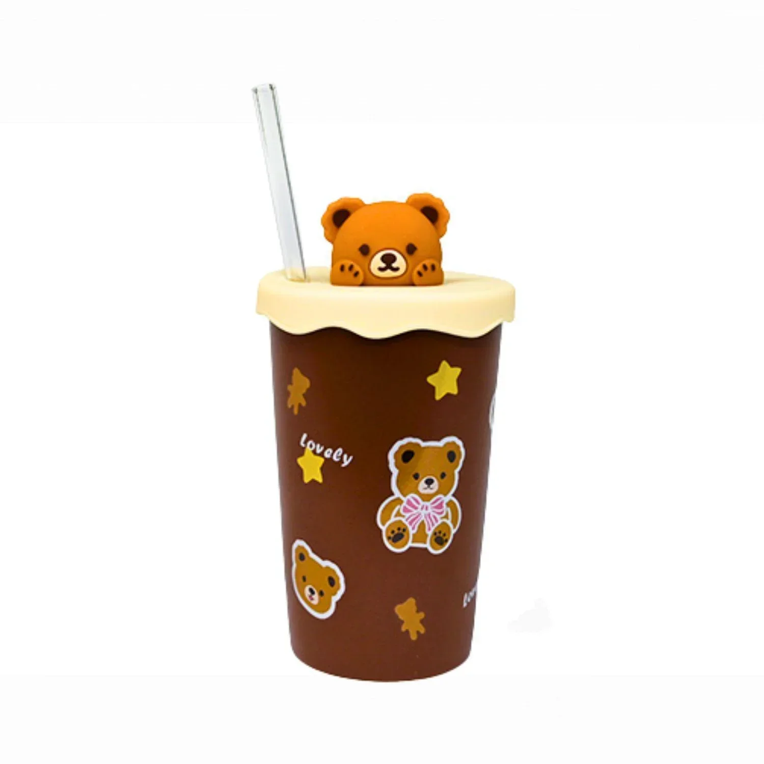 BROWN BEAR - 5.25"H CUP W/LID/STRAW 140Z