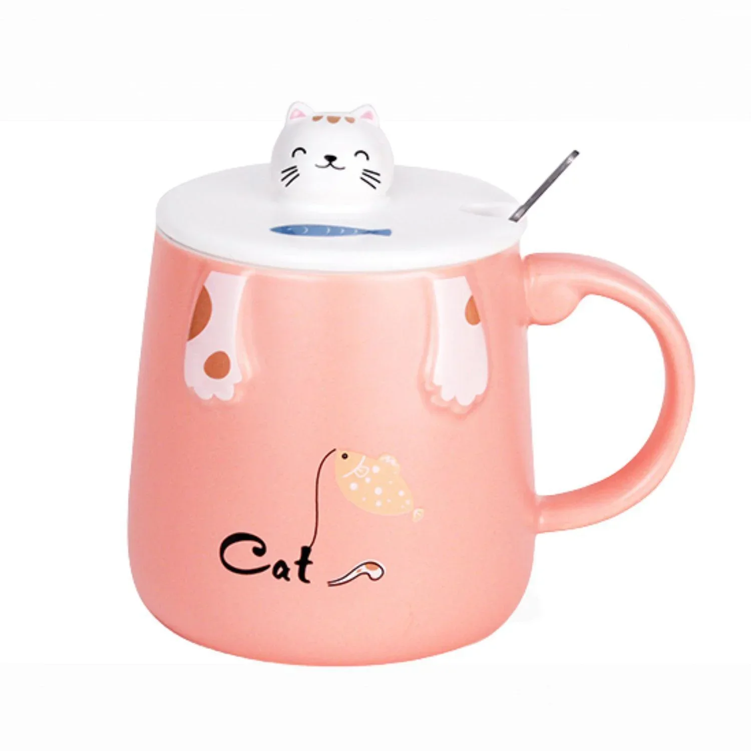 PINK CAT MUG W/LID & SPOON BLUE 15OZ