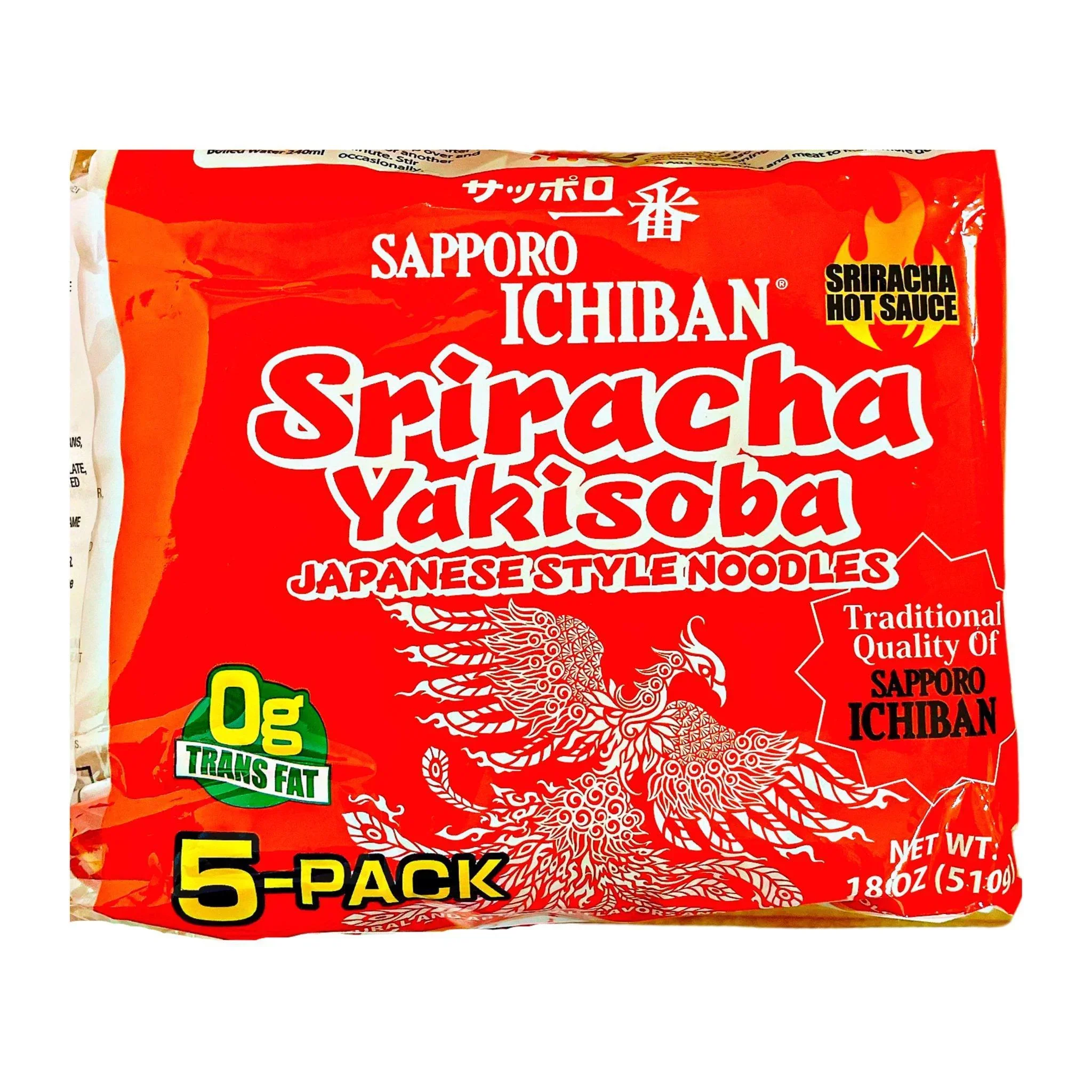 SAPPORO ICHIBAN SRIRACHA HOT SAUCE YAKISOBA 5PACK 18OZ/510G